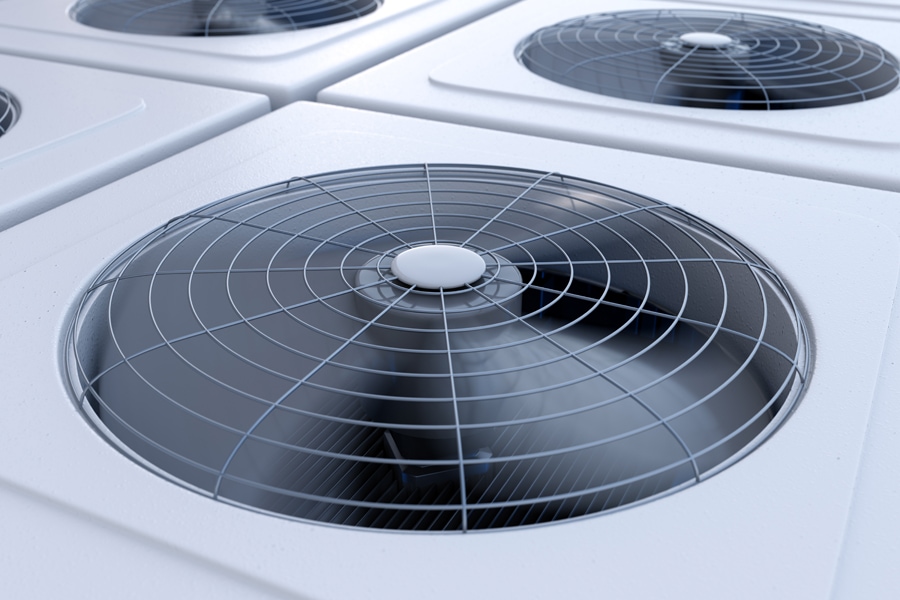Close up image of HVAC system units with fans. Heating, ventilation and air conditioning concept. 3D illustration.